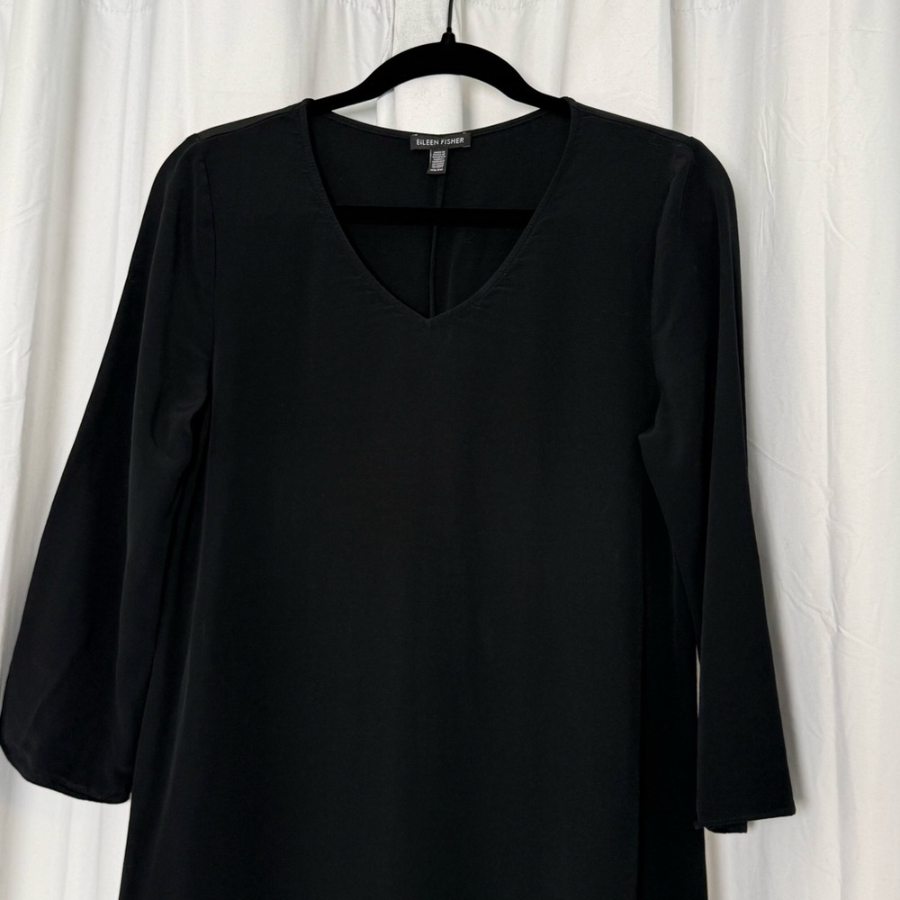 Eileen Fisher Black Tencel Relaxed Fit Midi Shift Dress Minimalist Womens XS - Picture 5 of 11